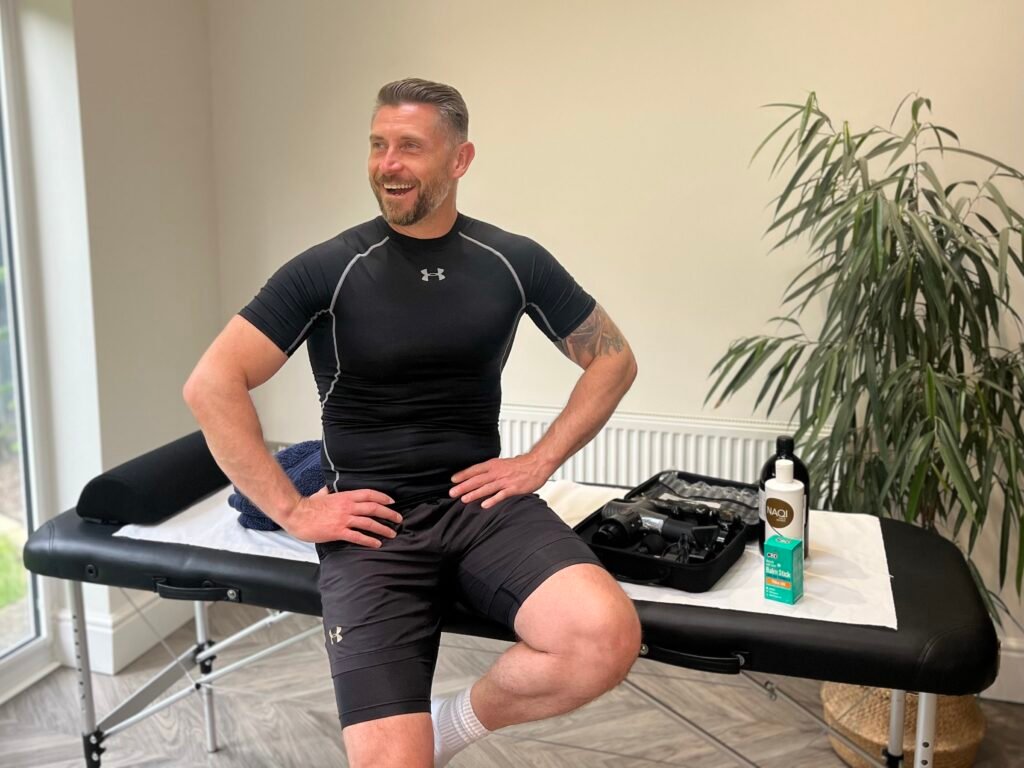 Lee, mobile sports massage therapist in Leicestershire, with massage table and kit
